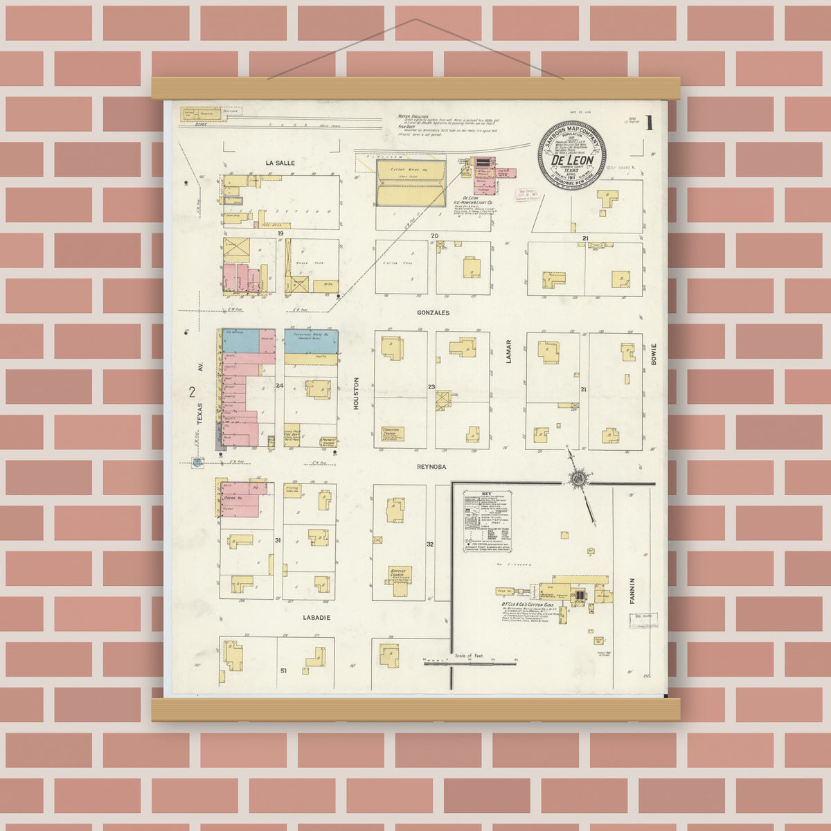 Old map wall art mockup — magnetic wood frame on brick wall — Sanborn Fire Insurance Map from De Leon, Comanche County, Texas (1911), Sheet #0001