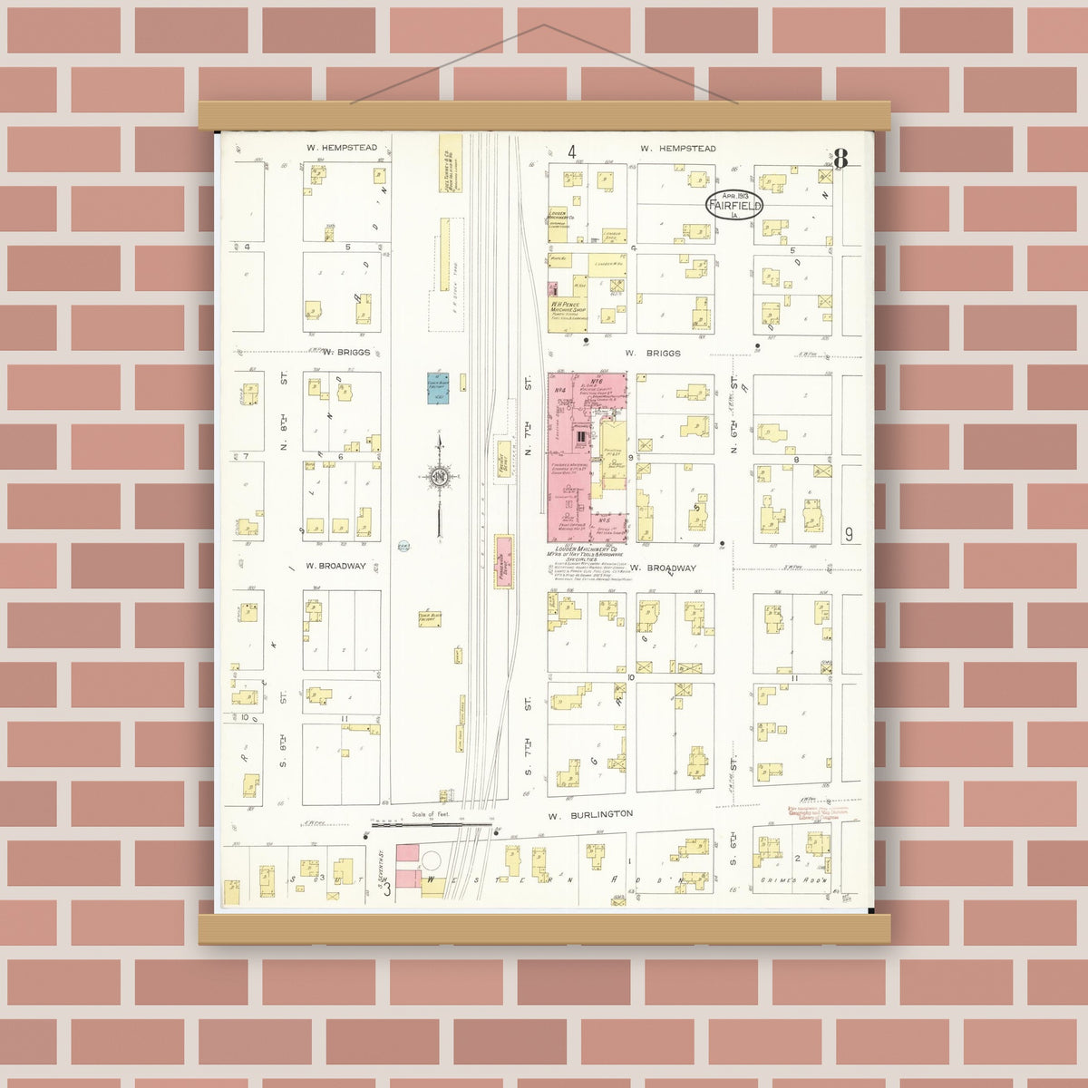 Old map wall art mockup — magnetic wood frame on brick wall — Sanborn Fire Insurance Map from Fairfield, Jefferson County, Iowa (1913), Sheet #0008