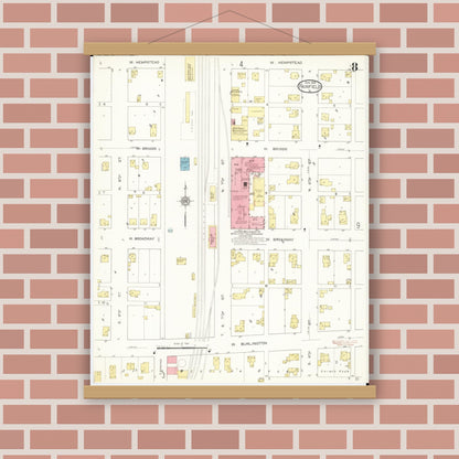 Old map wall art mockup — magnetic wood frame on brick wall — Sanborn Fire Insurance Map from Fairfield, Jefferson County, Iowa (1913), Sheet #0008