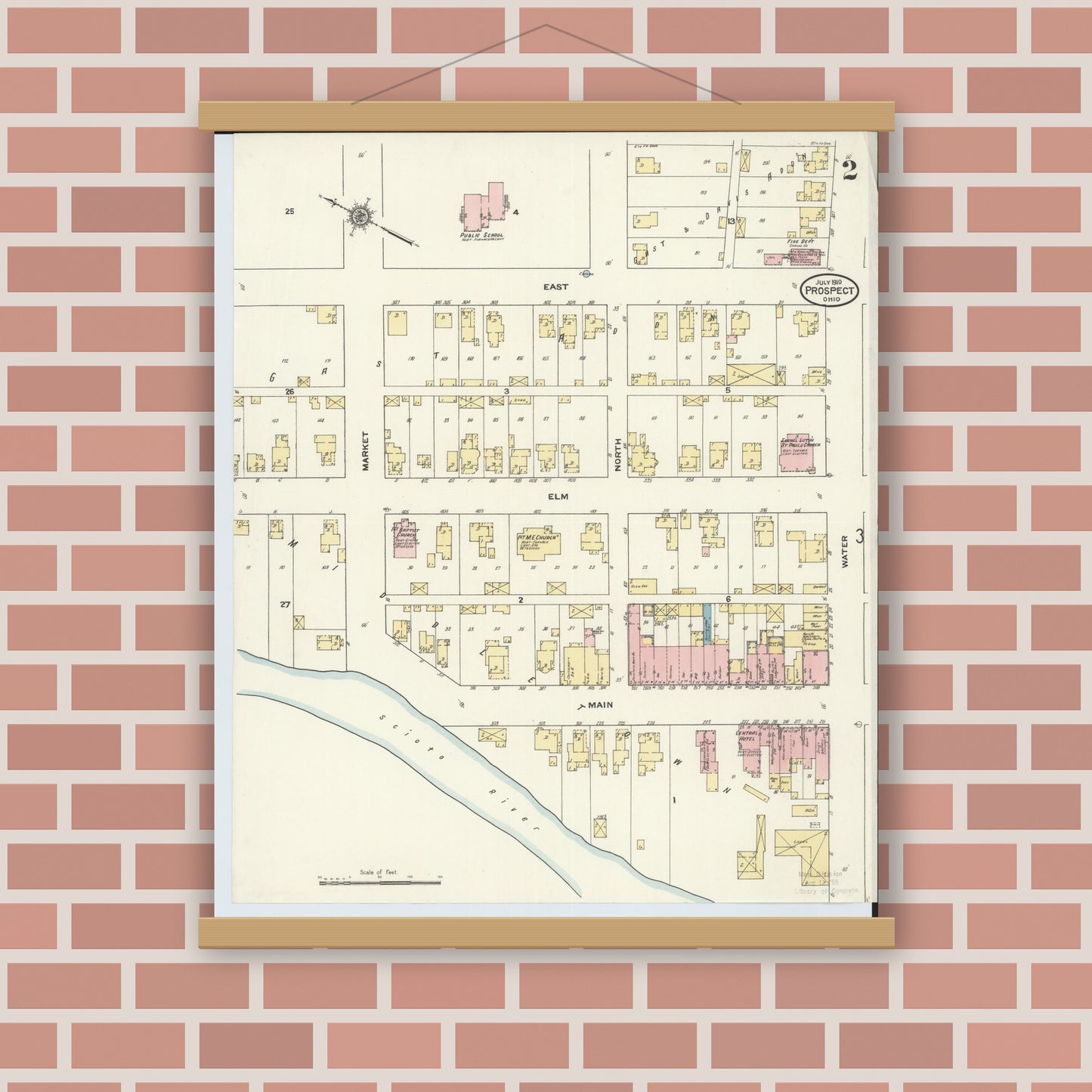 Old map wall art mockup — magnetic wood frame on brick wall — Sanborn Fire Insurance Map from Prospect, Marion County, Ohio (1910), Sheet #0002
