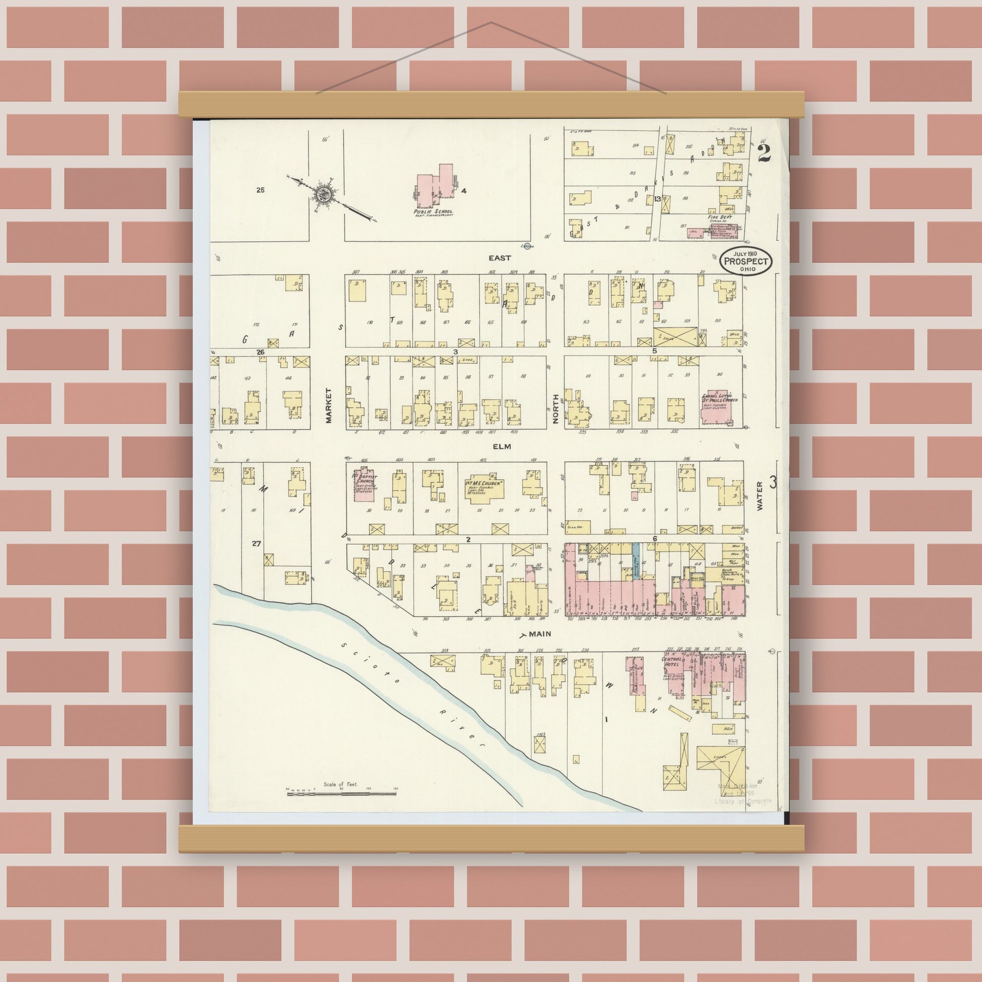 Old map wall art mockup — magnetic wood frame on brick wall — Sanborn Fire Insurance Map from Prospect, Marion County, Ohio (1910), Sheet #0002