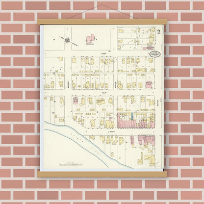 Old map wall art mockup — magnetic wood frame on brick wall — Sanborn Fire Insurance Map from Prospect, Marion County, Ohio (1910), Sheet #0002