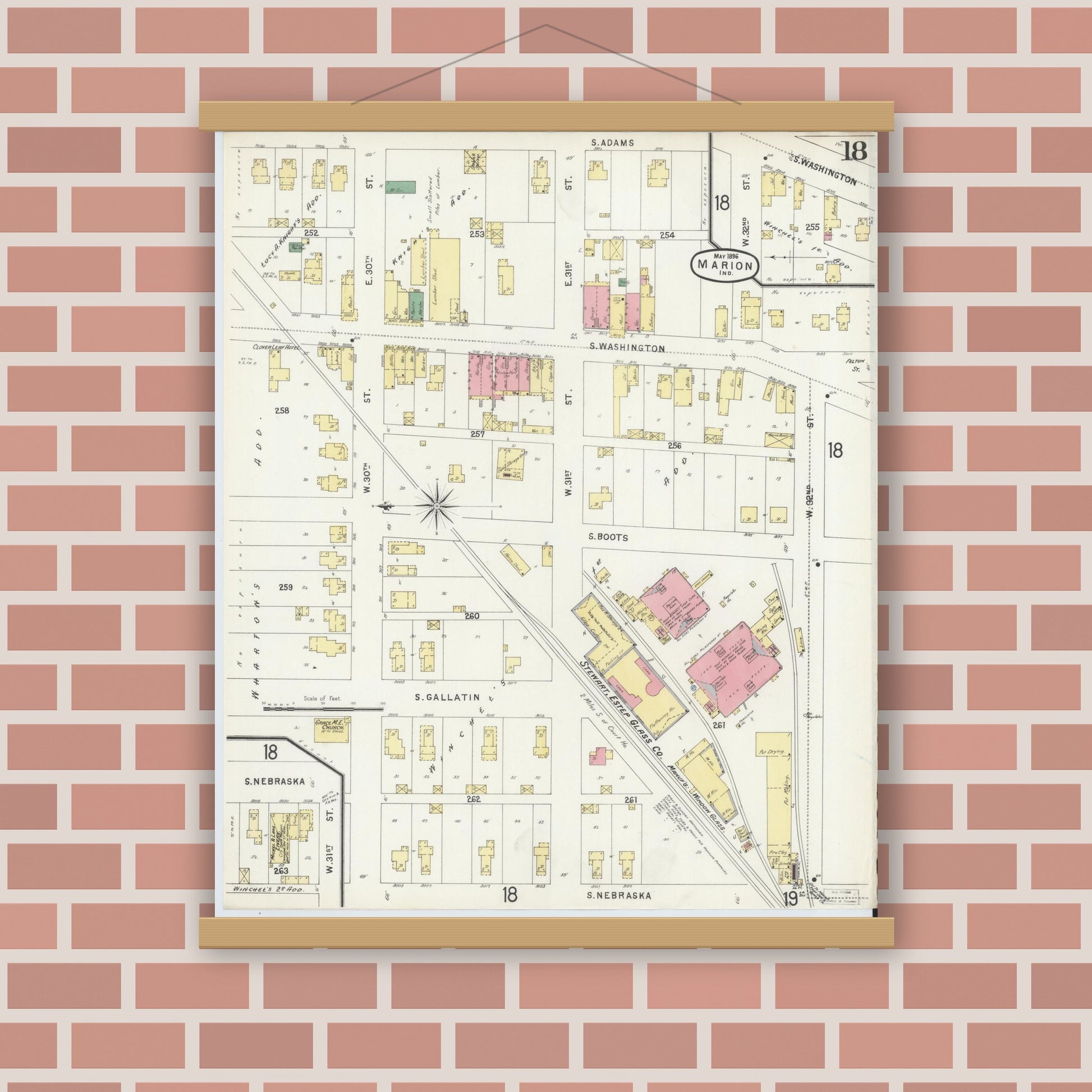 Old map wall art mockup — magnetic wood frame on brick wall — Sanborn Fire Insurance Map from Marion, Grant County, Indiana (1896), Sheet #0018