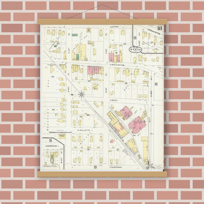 Old map wall art mockup — magnetic wood frame on brick wall — Sanborn Fire Insurance Map from Marion, Grant County, Indiana (1896), Sheet #0018