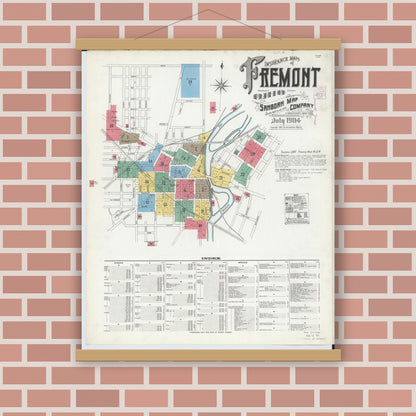 Old map wall art mockup — magnetic wood frame on brick wall — Sanborn Fire Insurance Map from Fremont, Sandusky County, Ohio (1904), Sheet #0001