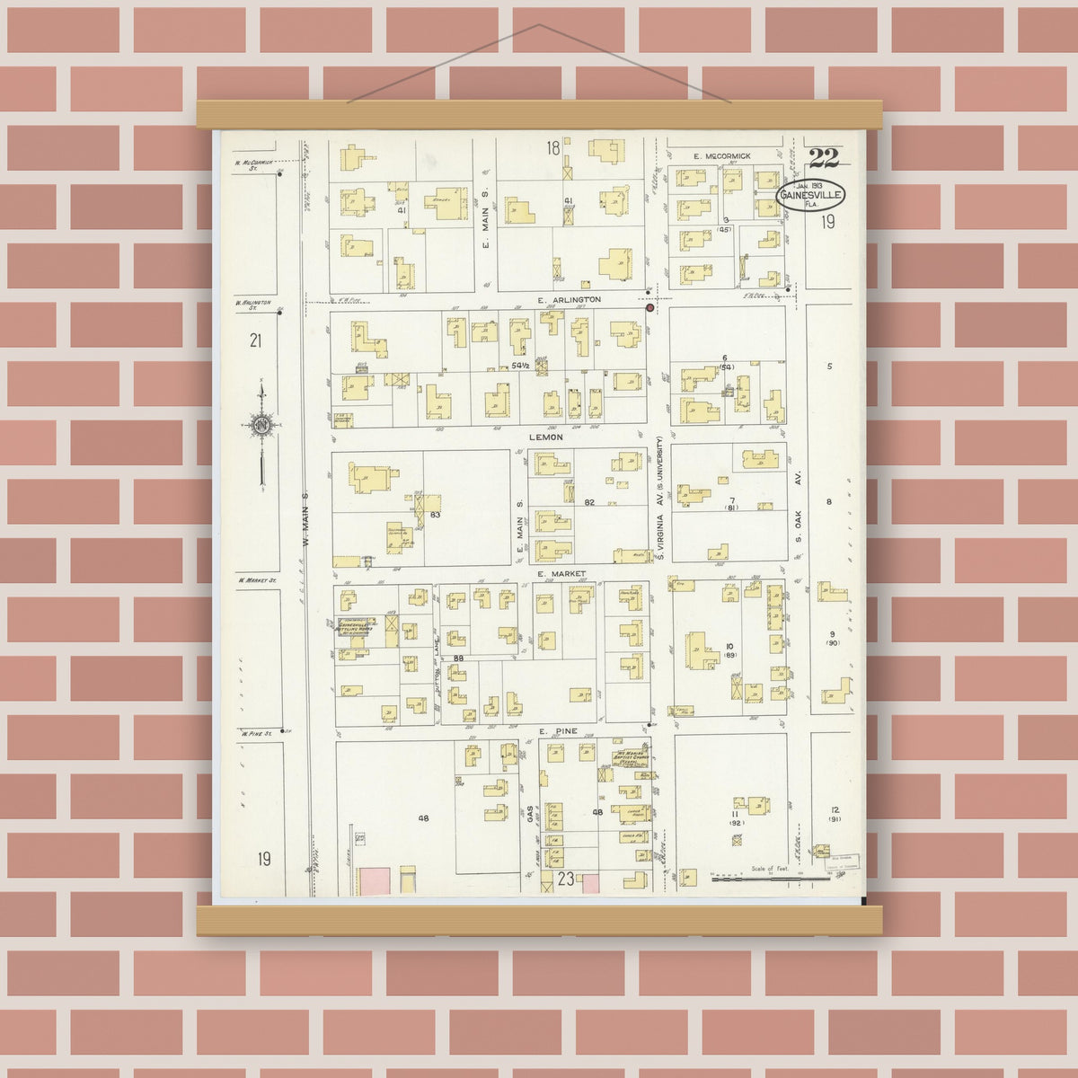 Old map wall art mockup — magnetic wood frame on brick wall — Sanborn Fire Insurance Map from Gainesville, Alachua County, Florida (1913), Sheet #0022