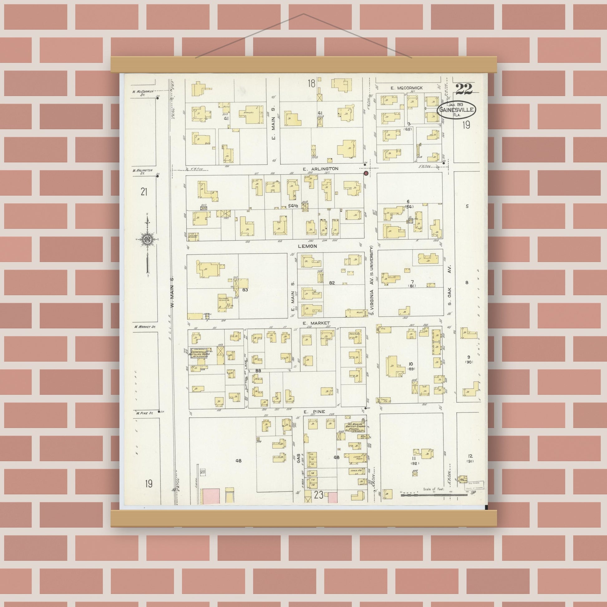 Old map wall art mockup — magnetic wood frame on brick wall — Sanborn Fire Insurance Map from Gainesville, Alachua County, Florida (1913), Sheet #0022