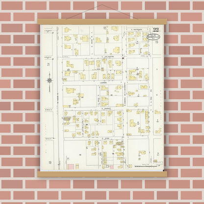 Old map wall art mockup — magnetic wood frame on brick wall — Sanborn Fire Insurance Map from Gainesville, Alachua County, Florida (1913), Sheet #0022