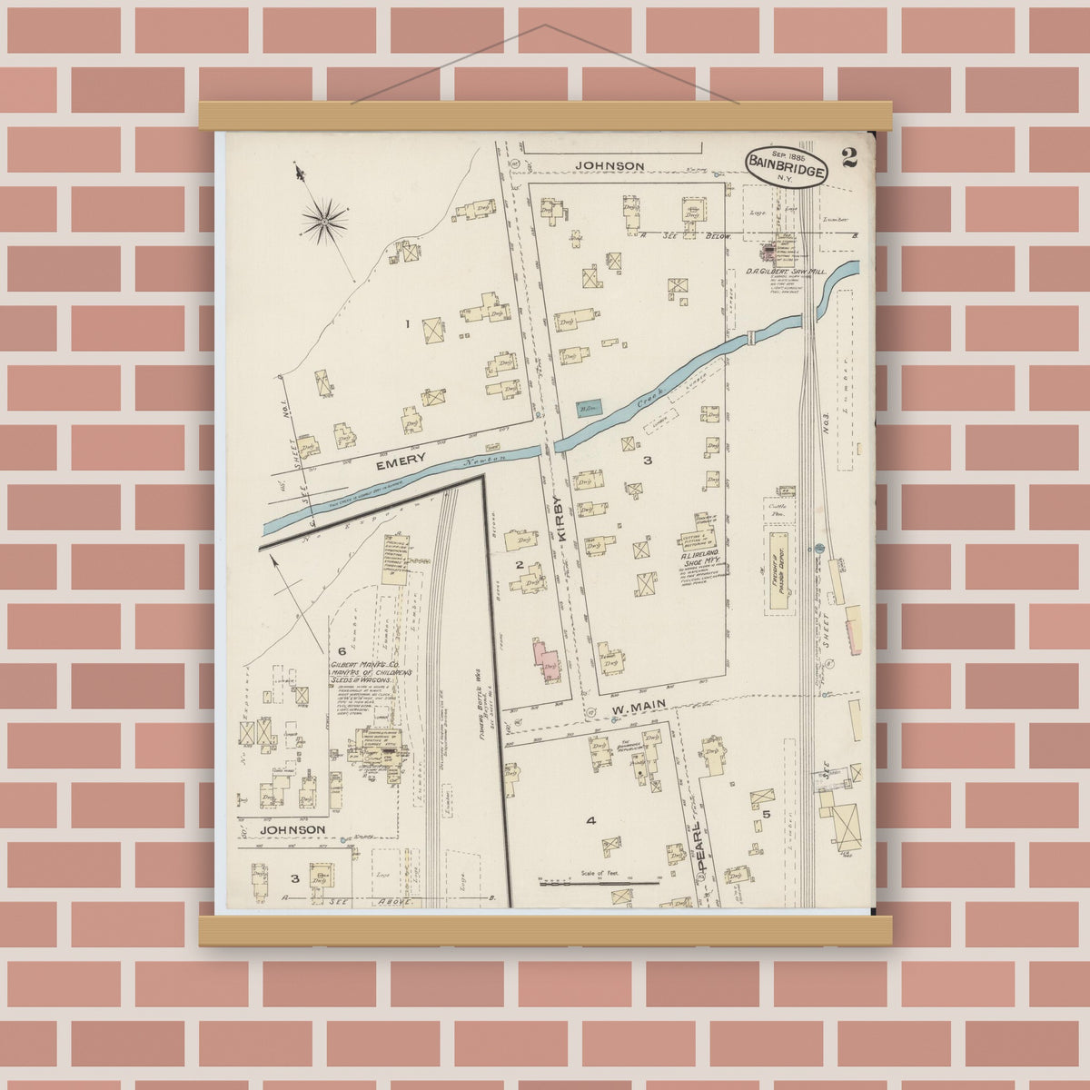 Old map wall art mockup — magnetic wood frame on brick wall — Sanborn Fire Insurance Map from Bainbridge, Chenango County, New York (1885), Sheet #0002