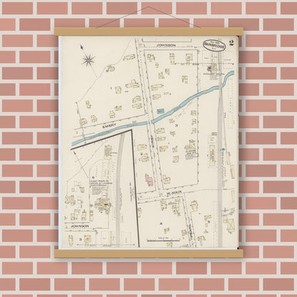 Old map wall art mockup — magnetic wood frame on brick wall — Sanborn Fire Insurance Map from Bainbridge, Chenango County, New York (1885), Sheet #0002