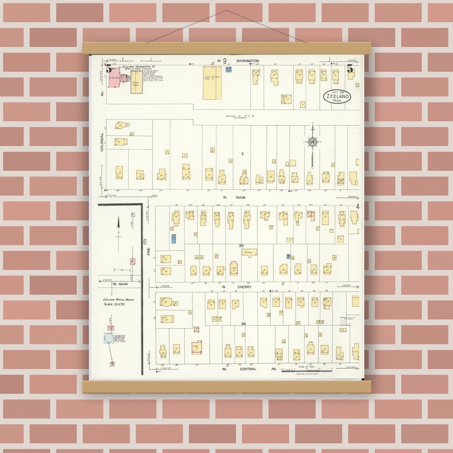 Old map wall art mockup — magnetic wood frame on brick wall — Sanborn Fire Insurance Map from Zeeland, Ottawa County, Michigan (1923), Sheet #0005