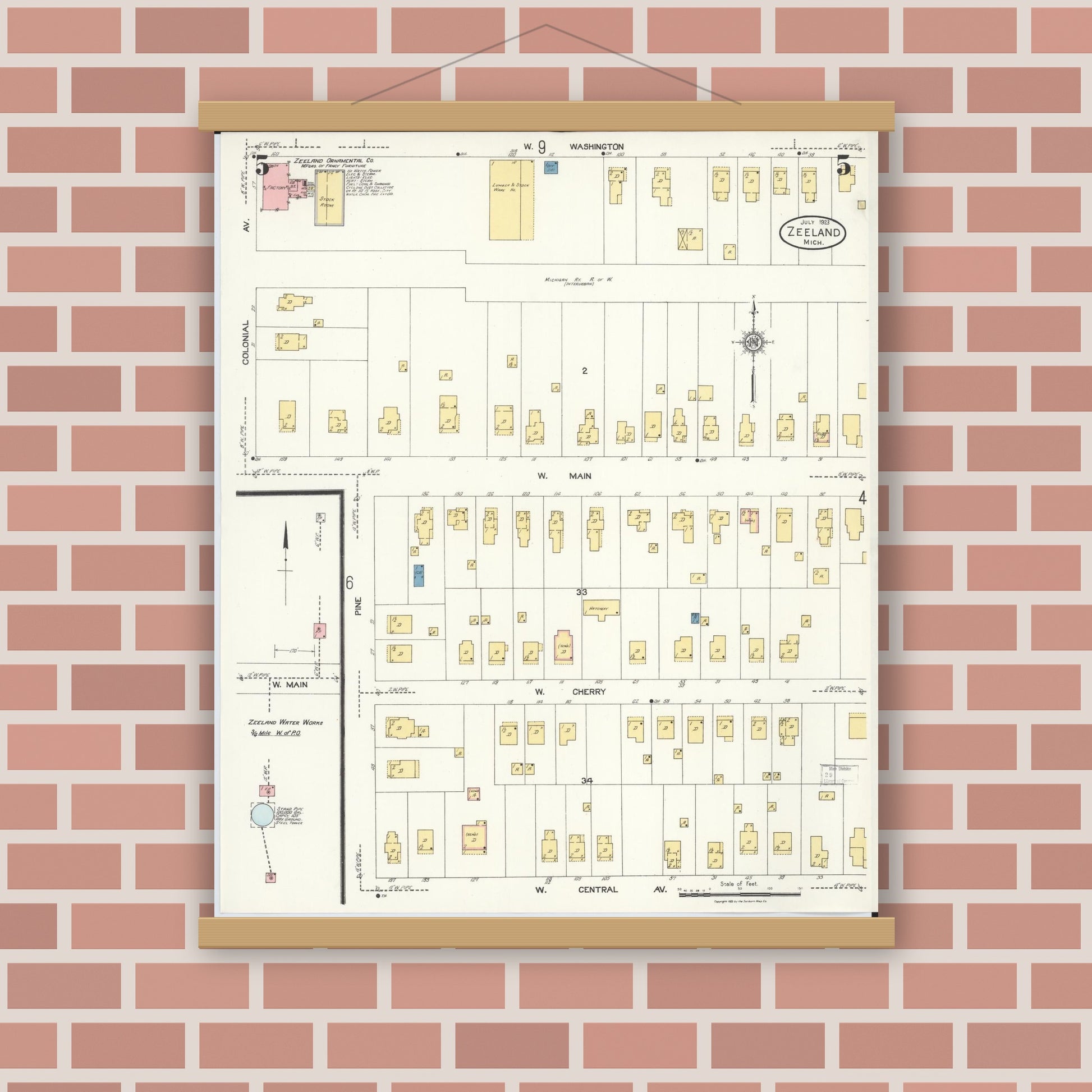 Old map wall art mockup — magnetic wood frame on brick wall — Sanborn Fire Insurance Map from Zeeland, Ottawa County, Michigan (1923), Sheet #0005