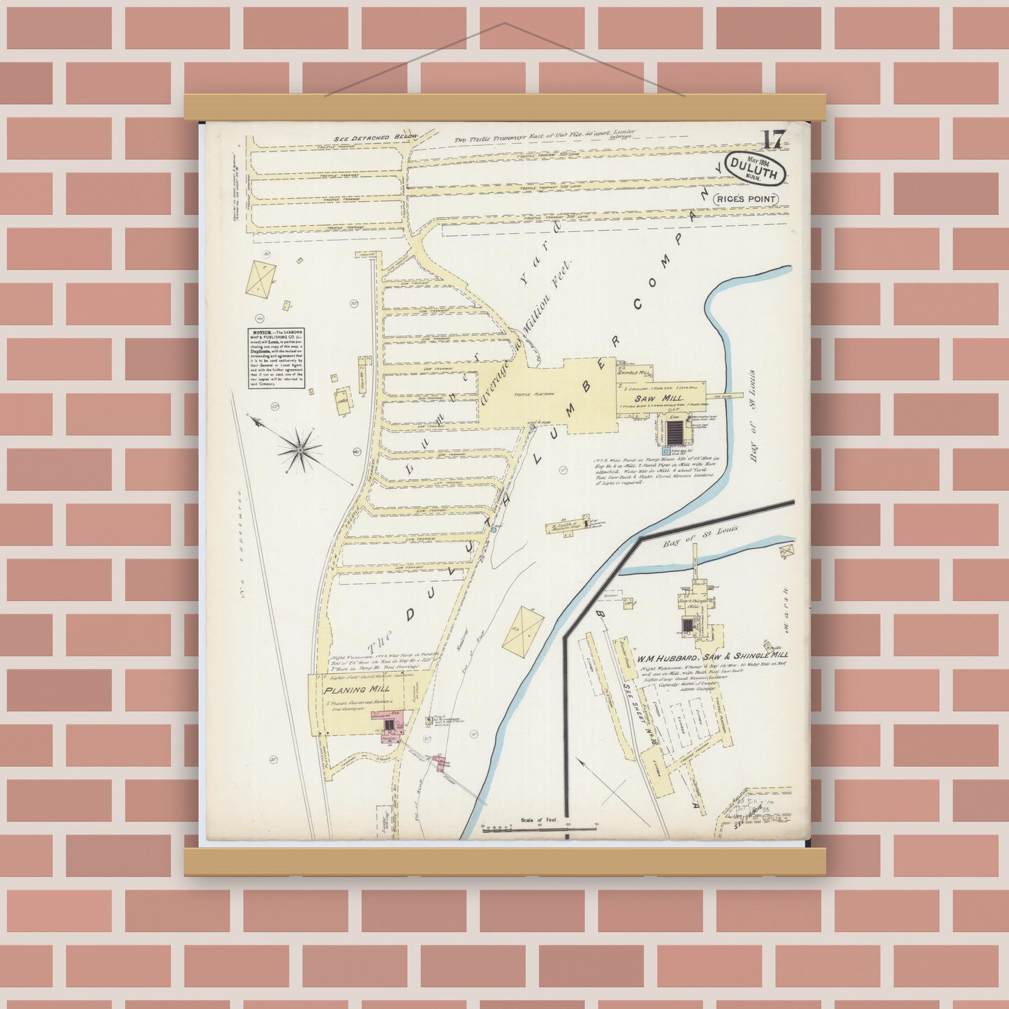 Old map wall art mockup — magnetic wood frame on brick wall — Sanborn Fire Insurance Map from Duluth, Saint Louis County, Minnesota (1884), Sheet #0017