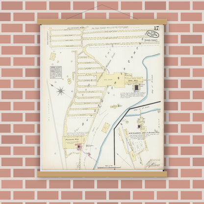 Old map wall art mockup — magnetic wood frame on brick wall — Sanborn Fire Insurance Map from Duluth, Saint Louis County, Minnesota (1884), Sheet #0017