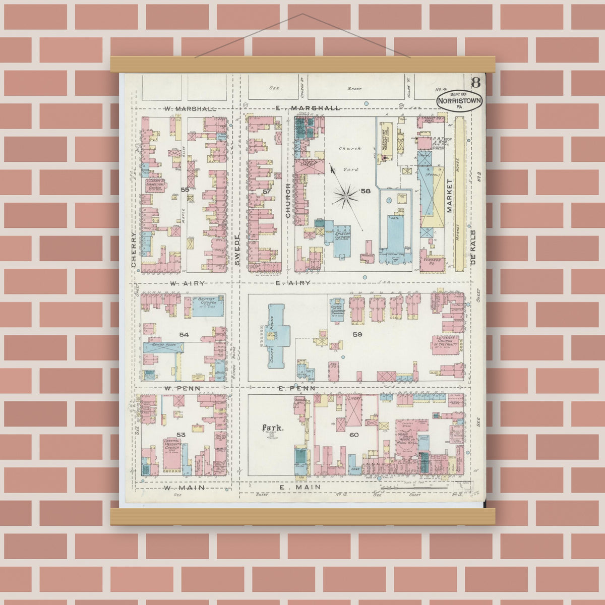 Old map wall art mockup — magnetic wood frame on brick wall — Sanborn Fire Insurance Map from Norristown, Montgomery County, Pennsylvania (1891), Sheet #0008