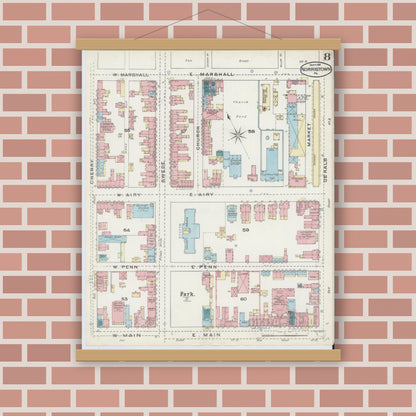 Old map wall art mockup — magnetic wood frame on brick wall — Sanborn Fire Insurance Map from Norristown, Montgomery County, Pennsylvania (1891), Sheet #0008