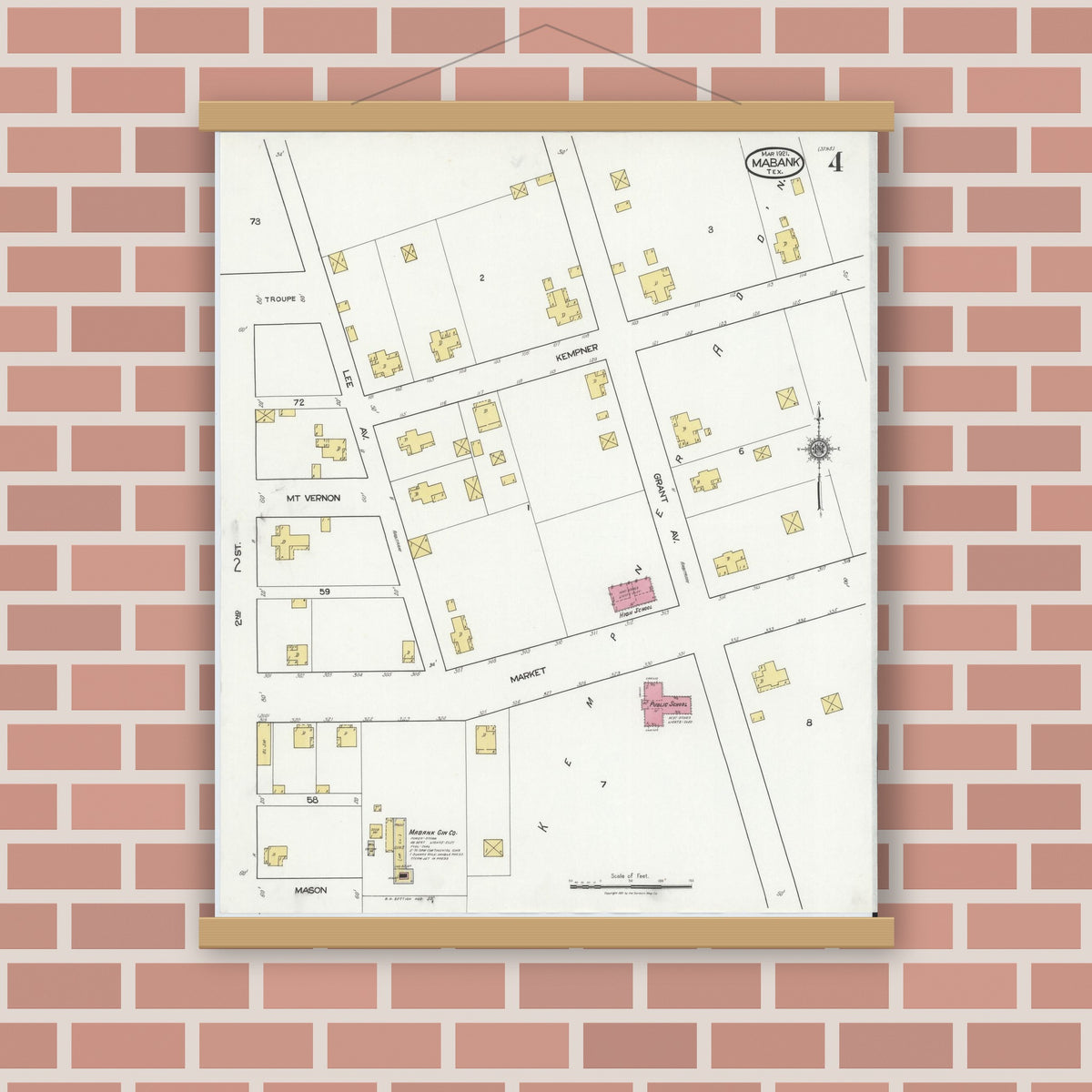 Old map wall art mockup — magnetic wood frame on brick wall — Sanborn Fire Insurance Map from Mabank, Kaufman County, Texas (1921), Sheet #0004