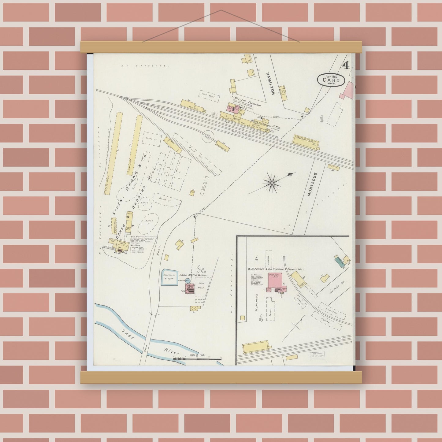 Old map wall art mockup — magnetic wood frame on brick wall — Sanborn Fire Insurance Map from Caro, Tuscola County, Michigan (1895), Sheet #0004