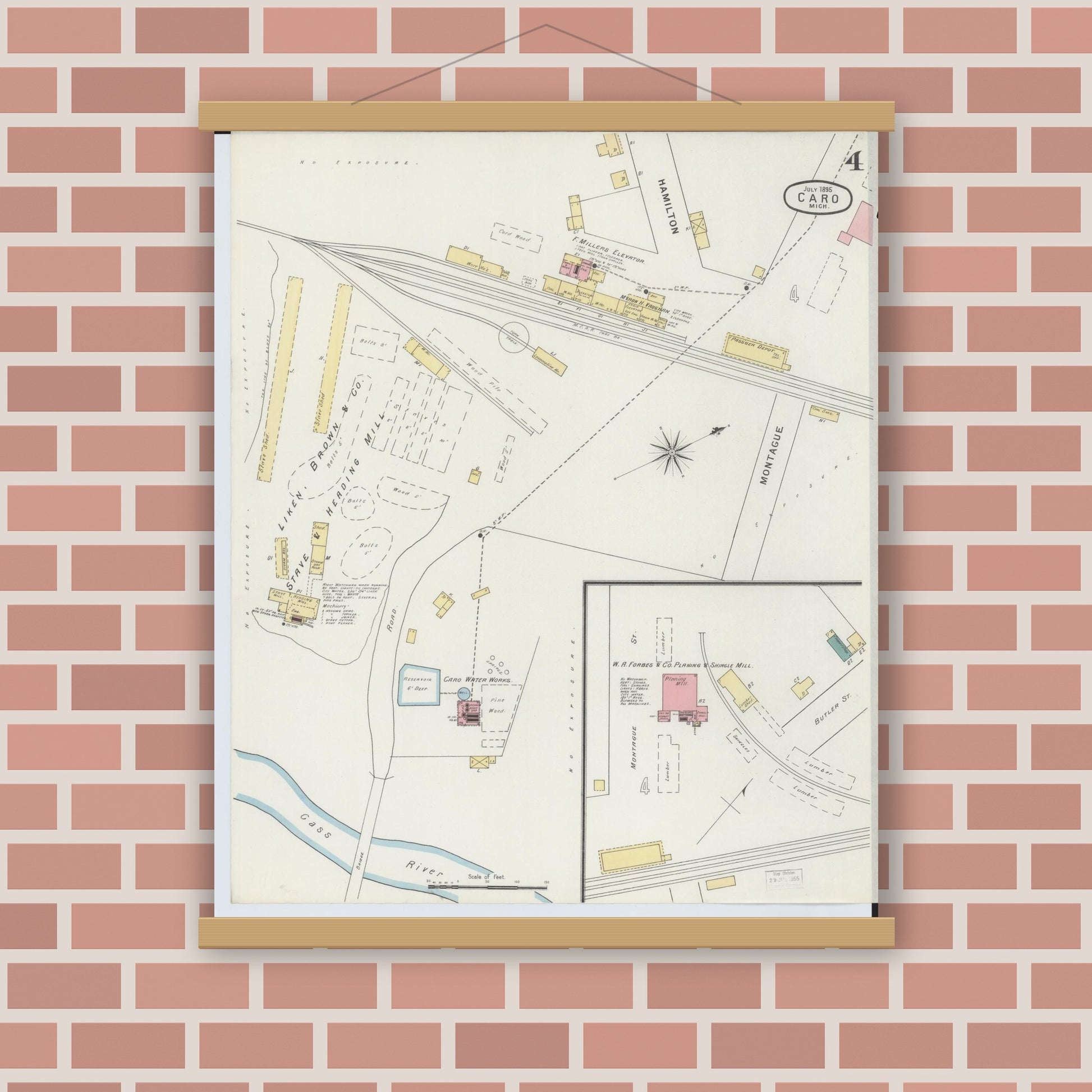 Old map wall art mockup — magnetic wood frame on brick wall — Sanborn Fire Insurance Map from Caro, Tuscola County, Michigan (1895), Sheet #0004