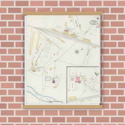 Old map wall art mockup — magnetic wood frame on brick wall — Sanborn Fire Insurance Map from Caro, Tuscola County, Michigan (1895), Sheet #0004