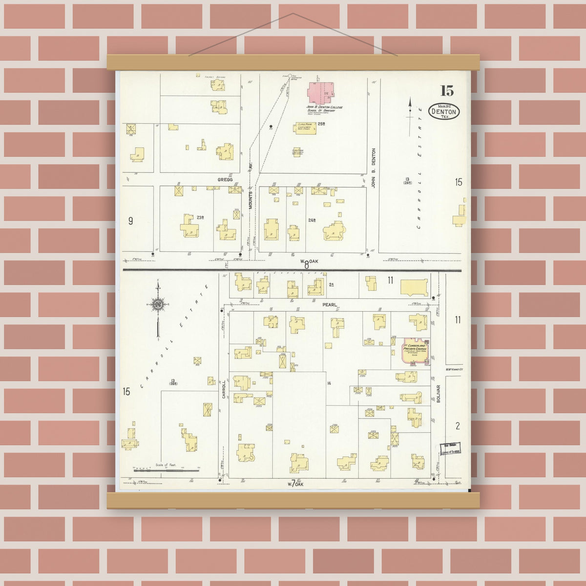 Old map wall art mockup — magnetic wood frame on brick wall — Sanborn Fire Insurance Map from Denton, Denton County, Texas (1912), Sheet #0015