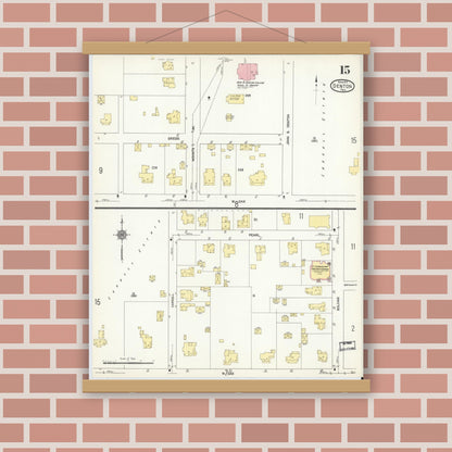 Old map wall art mockup — magnetic wood frame on brick wall — Sanborn Fire Insurance Map from Denton, Denton County, Texas (1912), Sheet #0015