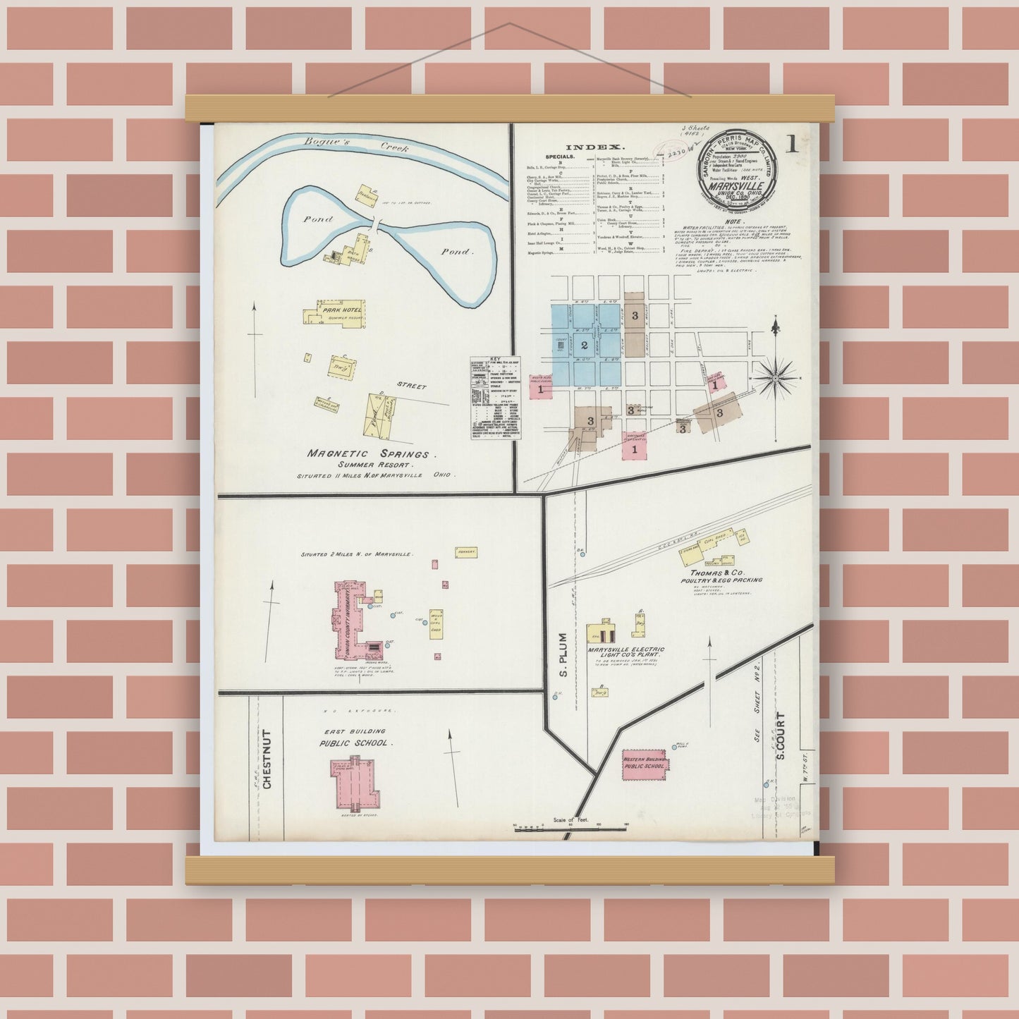 Old map wall art mockup — magnetic wood frame on brick wall — Sanborn Fire Insurance Map from Marysville, Union County, Ohio (1890), Sheet #0001