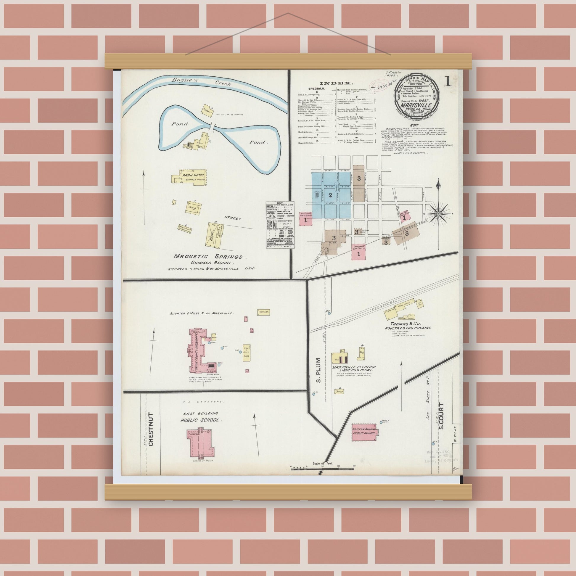 Old map wall art mockup — magnetic wood frame on brick wall — Sanborn Fire Insurance Map from Marysville, Union County, Ohio (1890), Sheet #0001