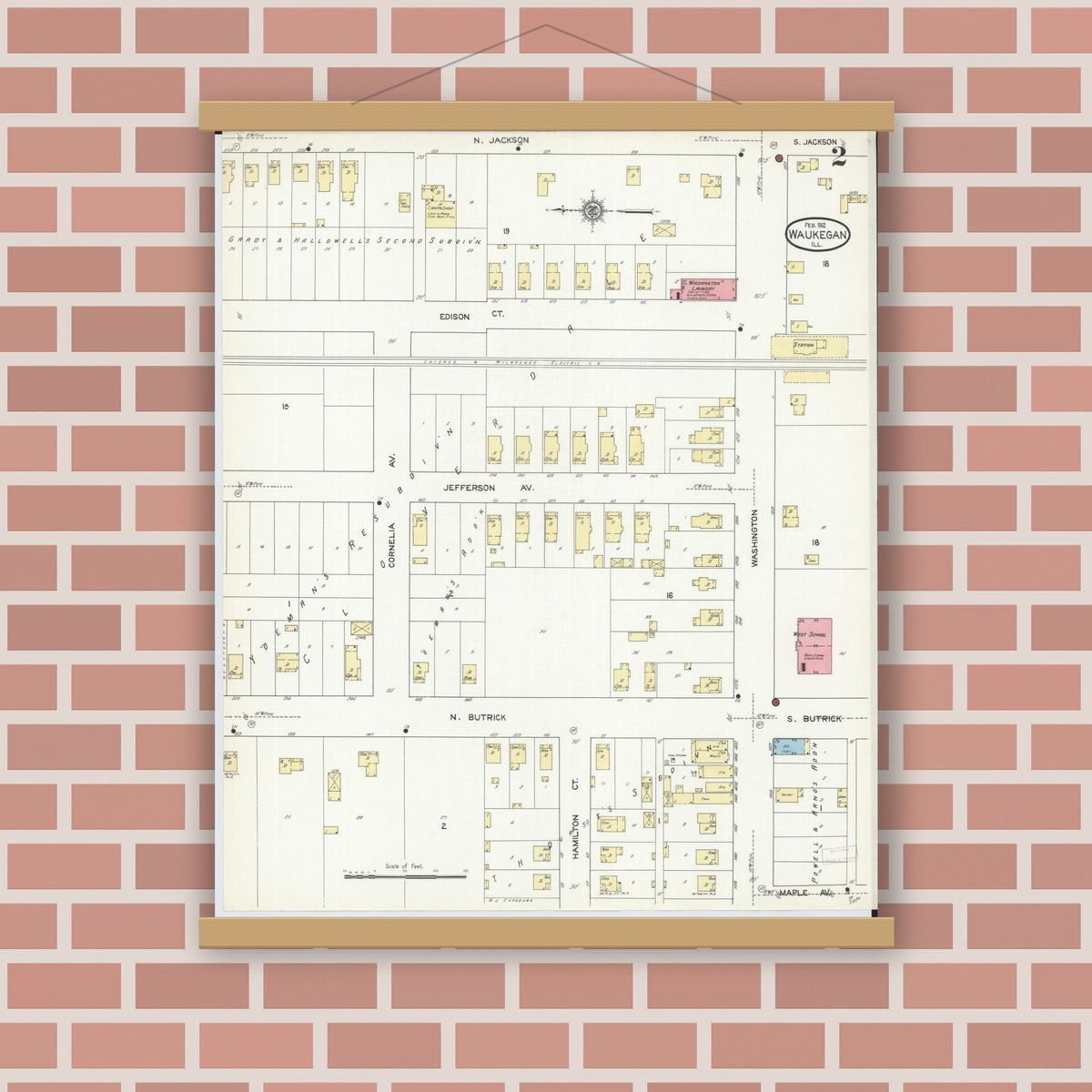 Old map wall art mockup — magnetic wood frame on brick wall — Sanborn Fire Insurance Map from Waukegan, Lake County, Illinois (1912), Sheet #0002