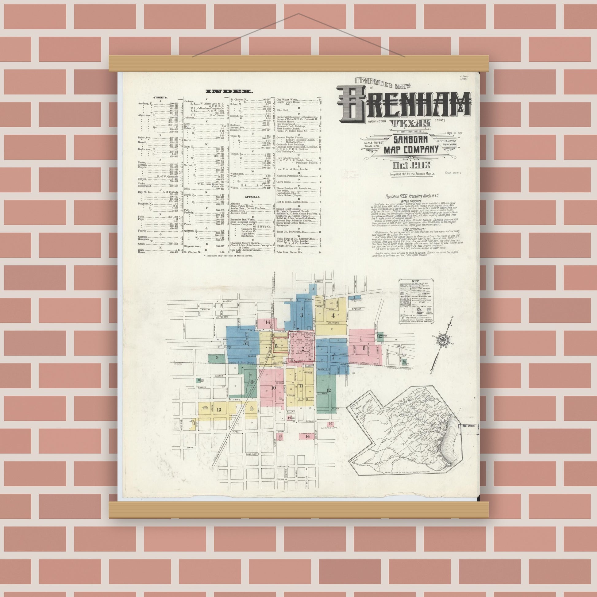 Old map wall art mockup — magnetic wood frame on brick wall — Sanborn Fire Insurance Map from Brenham, Washington County, Texas (1912), Sheet #0001