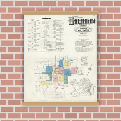 Old map wall art mockup — magnetic wood frame on brick wall — Sanborn Fire Insurance Map from Brenham, Washington County, Texas (1912), Sheet #0001