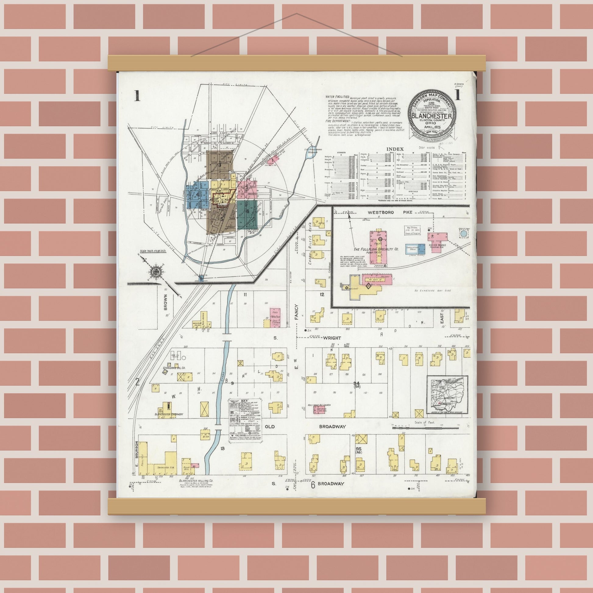 Old map wall art mockup — magnetic wood frame on brick wall — Sanborn Fire Insurance Map from Blanchester, Clinton County, Ohio (1925), Sheet #0001