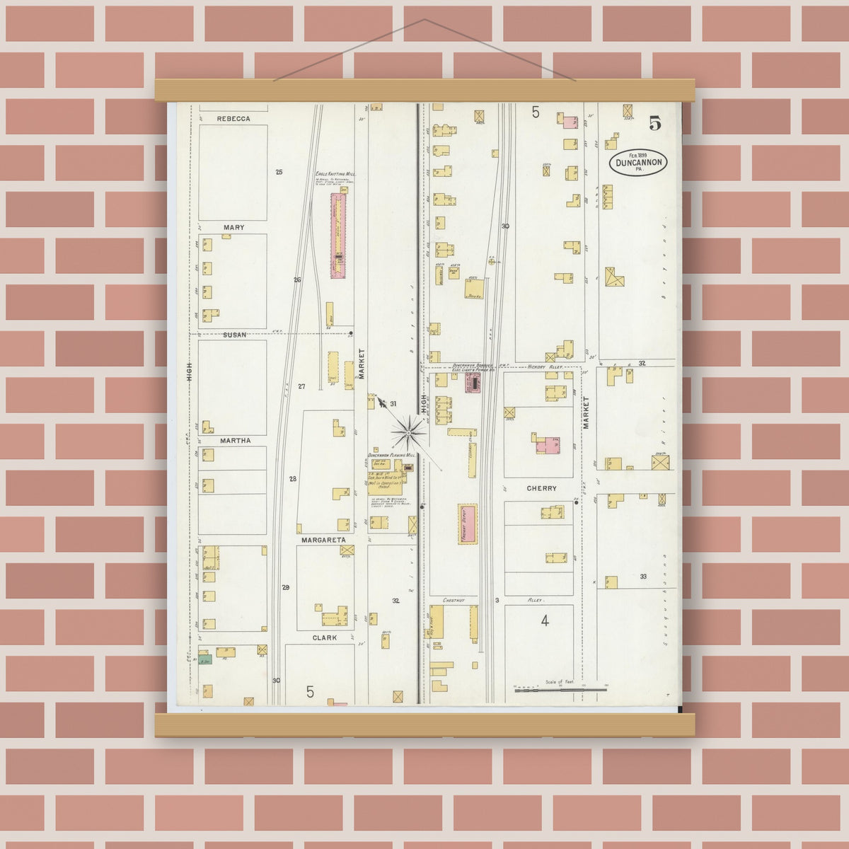 Old map wall art mockup — magnetic wood frame on brick wall — Sanborn Fire Insurance Map from Duncannon, Perry County, Pennsylvania (1899), Sheet #0005