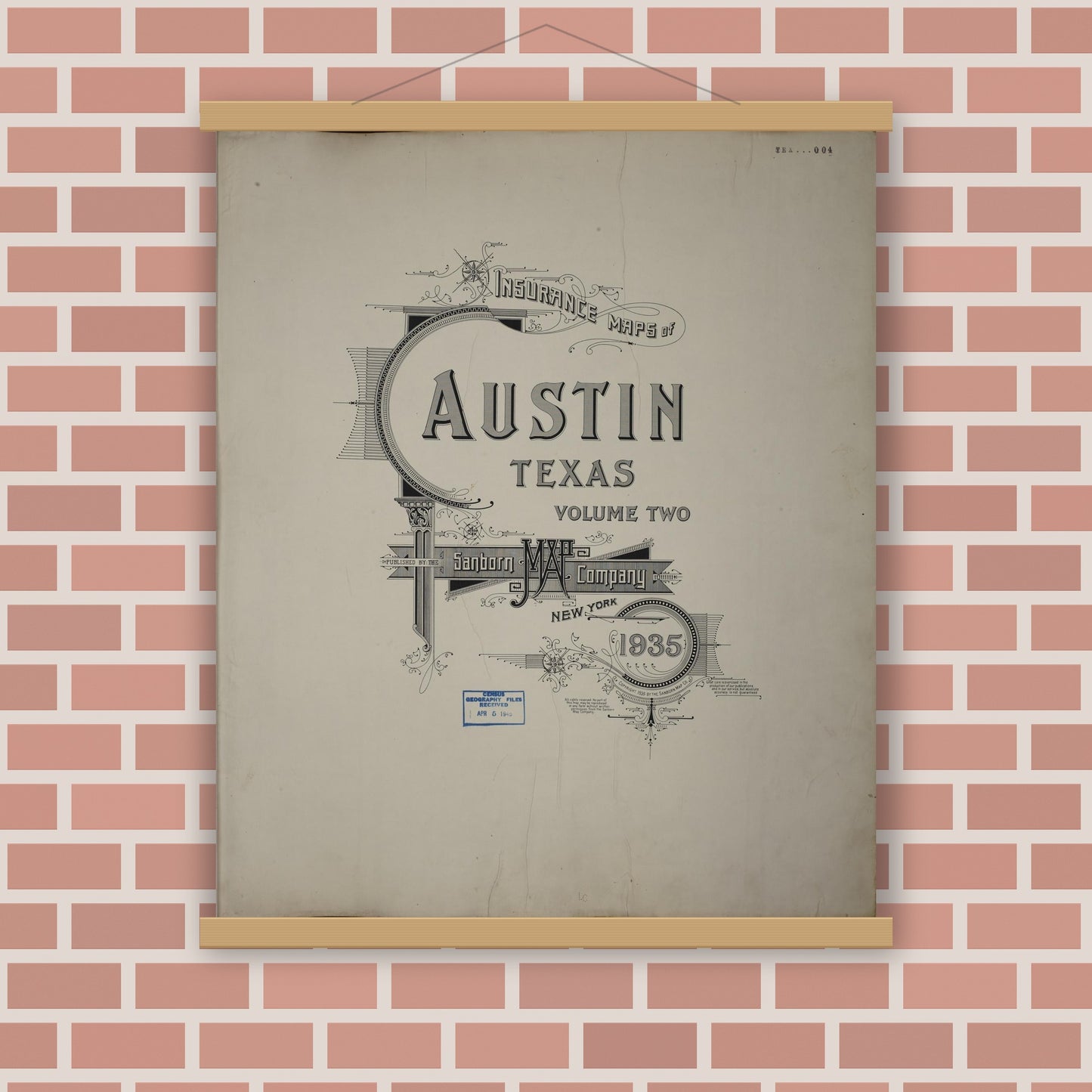 Old map wall art mockup — magnetic wood frame on brick wall — Sanborn Fire Insurance Map from Austin, Travis County, Texas (1962), Sheet #0001