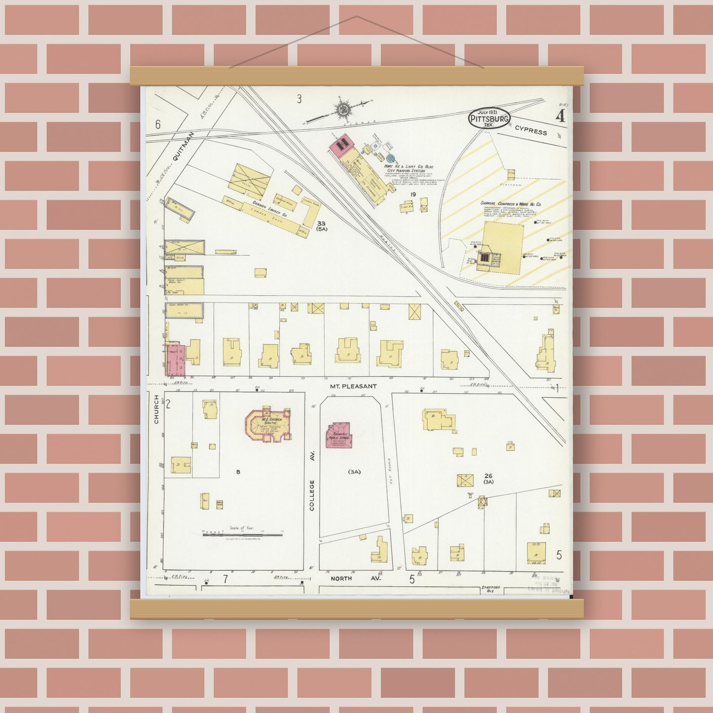 Old map wall art mockup — magnetic wood frame on brick wall — Sanborn Fire Insurance Map from Pittsburg, Camp County, Texas (1921), Sheet #0004