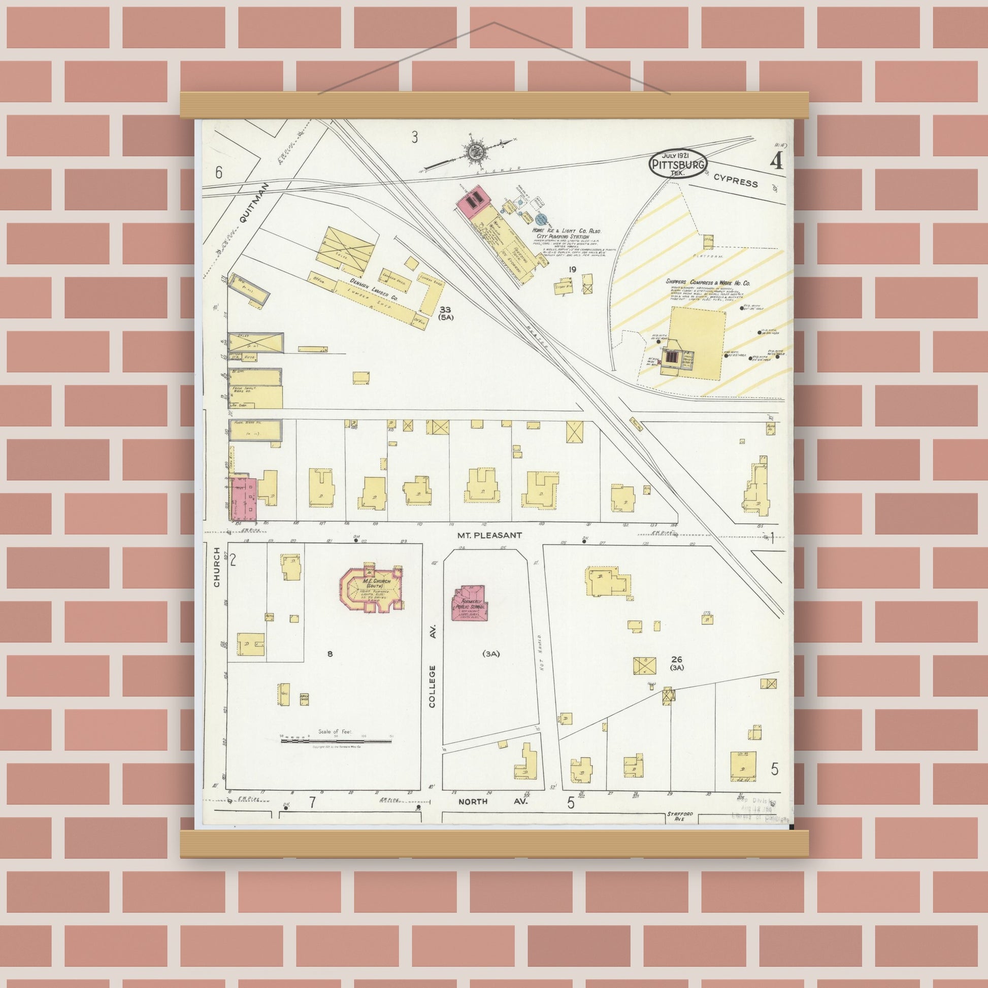 Old map wall art mockup — magnetic wood frame on brick wall — Sanborn Fire Insurance Map from Pittsburg, Camp County, Texas (1921), Sheet #0004