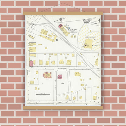 Old map wall art mockup — magnetic wood frame on brick wall — Sanborn Fire Insurance Map from Pittsburg, Camp County, Texas (1921), Sheet #0004