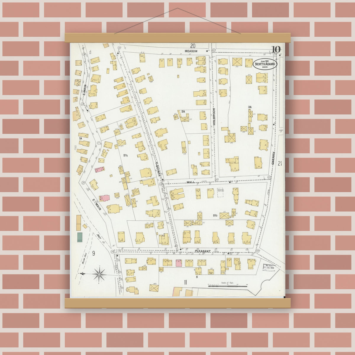 Old map wall art mockup — magnetic wood frame on brick wall — Sanborn Fire Insurance Map from North Adams, Berkshire County, Massachusetts (1901), Sheet #0010