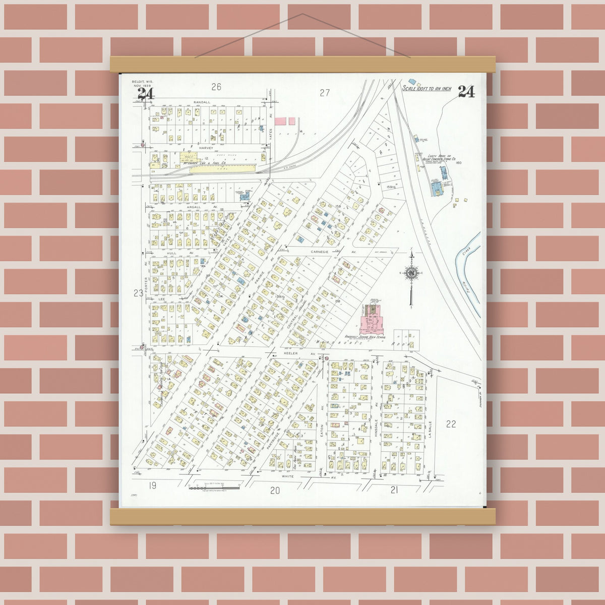 Old map wall art mockup — magnetic wood frame on brick wall — Sanborn Fire Insurance Map from Beloit, Rock County, Wisconsin (1939), Sheet #0024