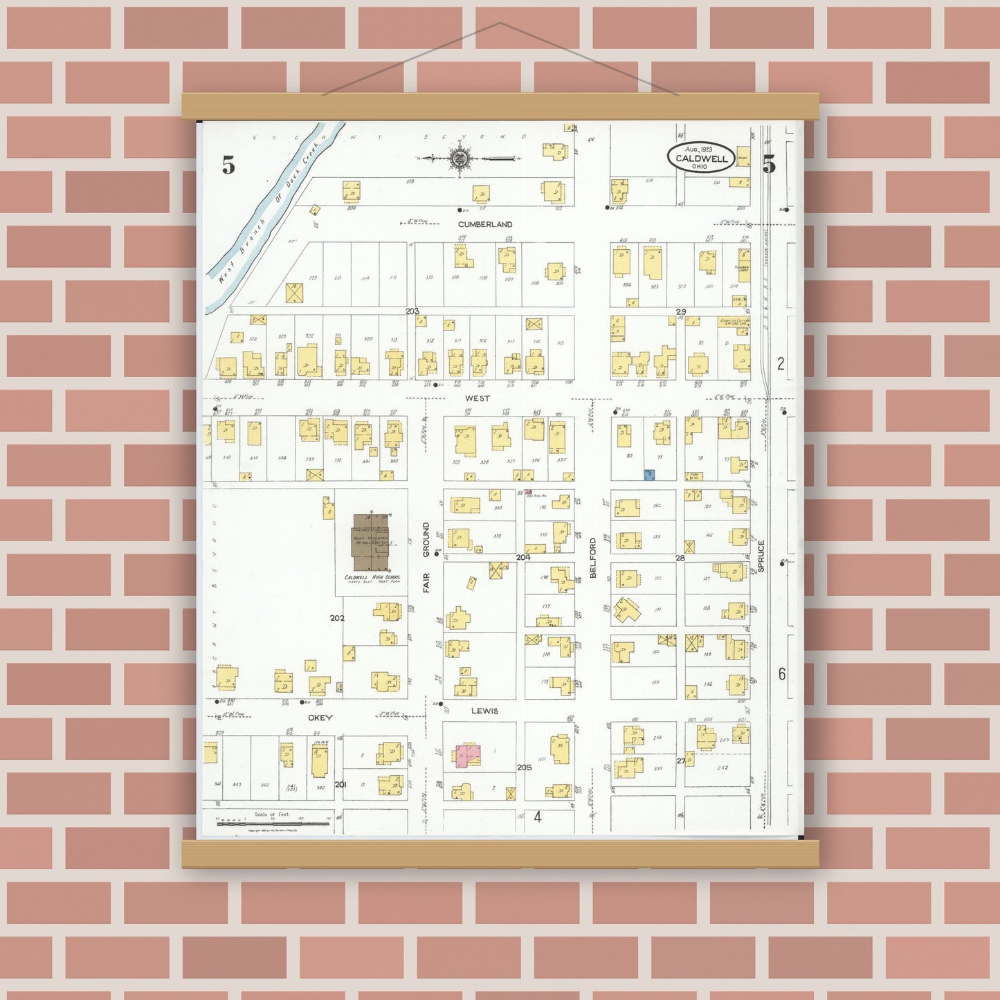 Old map wall art mockup — magnetic wood frame on brick wall — Sanborn Fire Insurance Map from Caldwell, Noble County, Ohio (1923), Sheet #0005