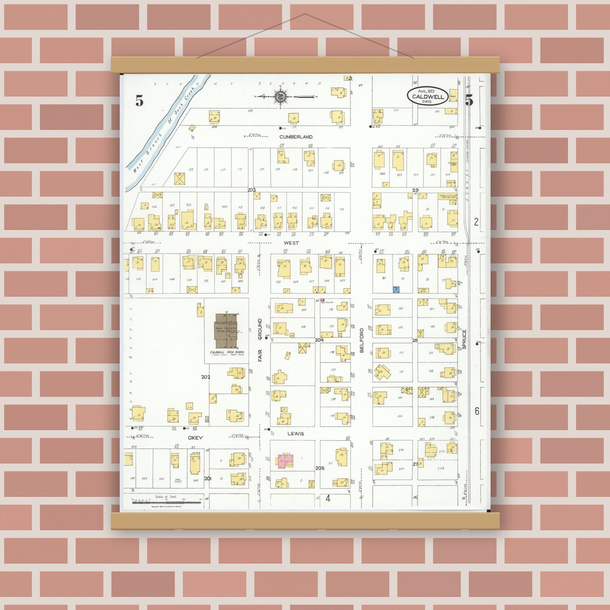 Old map wall art mockup — magnetic wood frame on brick wall — Sanborn Fire Insurance Map from Caldwell, Noble County, Ohio (1923), Sheet #0005