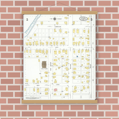 Old map wall art mockup — magnetic wood frame on brick wall — Sanborn Fire Insurance Map from Caldwell, Noble County, Ohio (1923), Sheet #0005