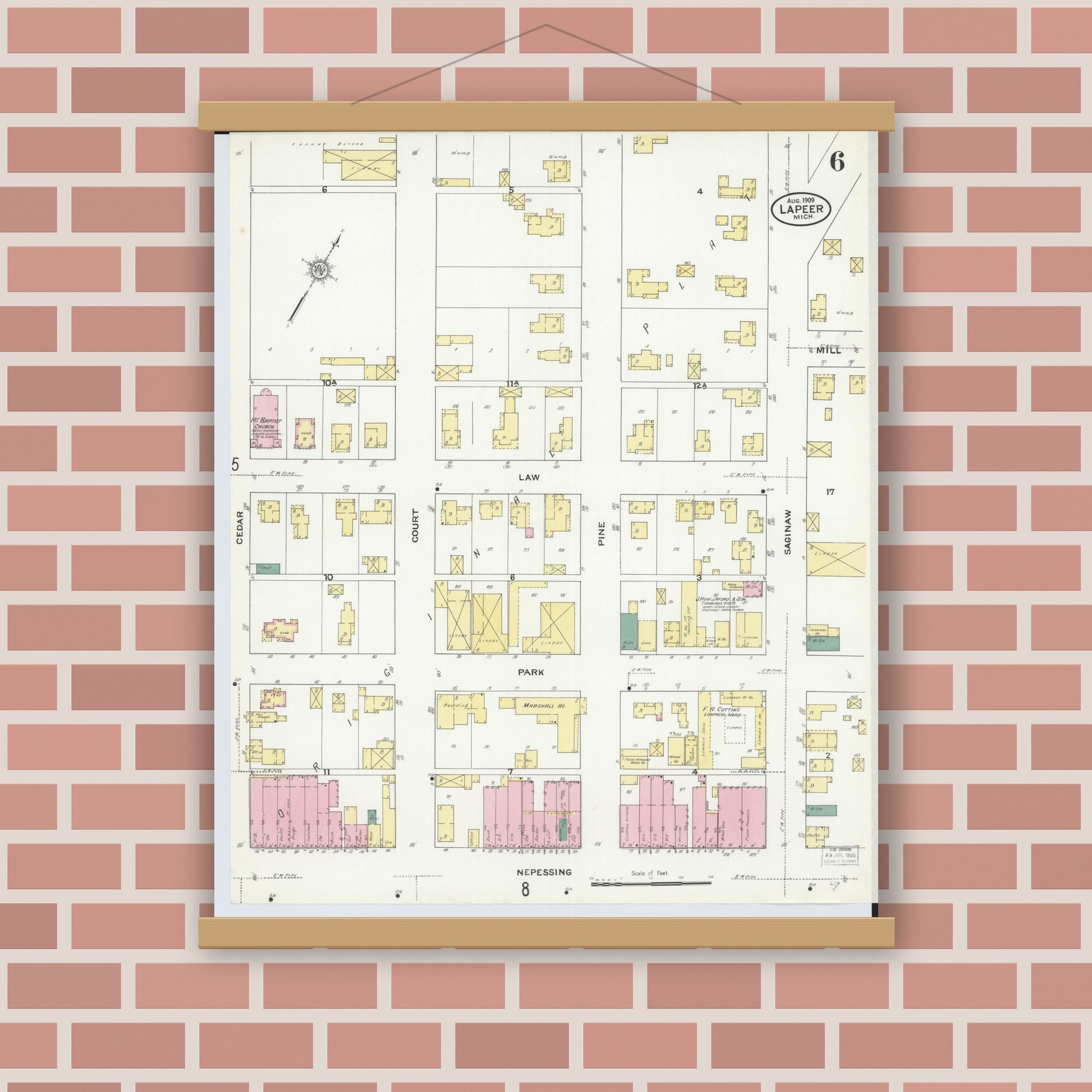 Old map wall art mockup — magnetic wood frame on brick wall — Sanborn Fire Insurance Map from Lapeer, Lapeer County, Michigan (1909), Sheet #0006