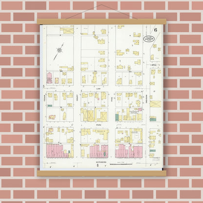 Old map wall art mockup — magnetic wood frame on brick wall — Sanborn Fire Insurance Map from Lapeer, Lapeer County, Michigan (1909), Sheet #0006