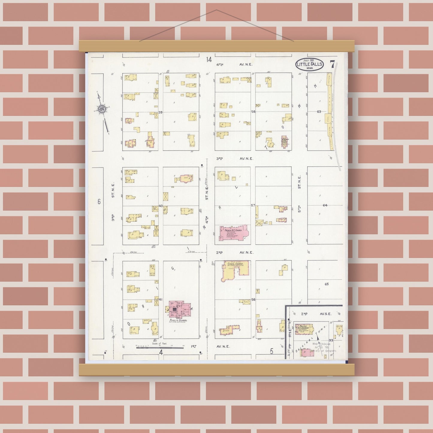 Old map wall art mockup — magnetic wood frame on brick wall — Sanborn Fire Insurance Map from Little Falls, Morrison County, Minnesota (1915), Sheet #0007