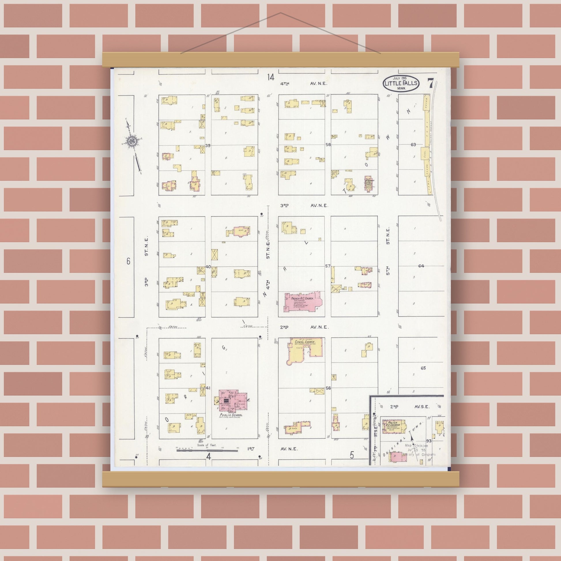 Old map wall art mockup — magnetic wood frame on brick wall — Sanborn Fire Insurance Map from Little Falls, Morrison County, Minnesota (1915), Sheet #0007