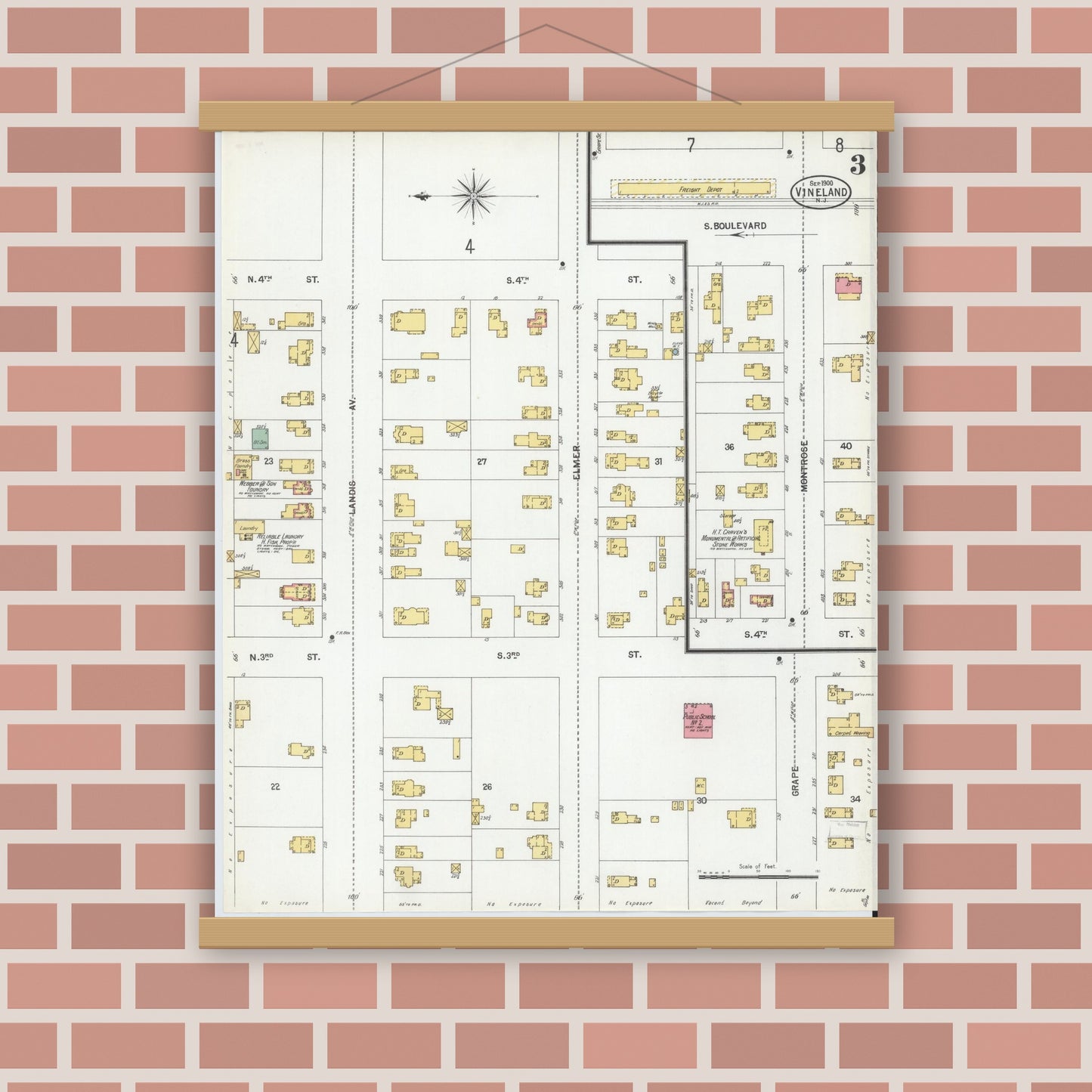 Old map wall art mockup — magnetic wood frame on brick wall — Sanborn Fire Insurance Map from Vineland, Cumberland County, New Jersey (1900), Sheet #0003