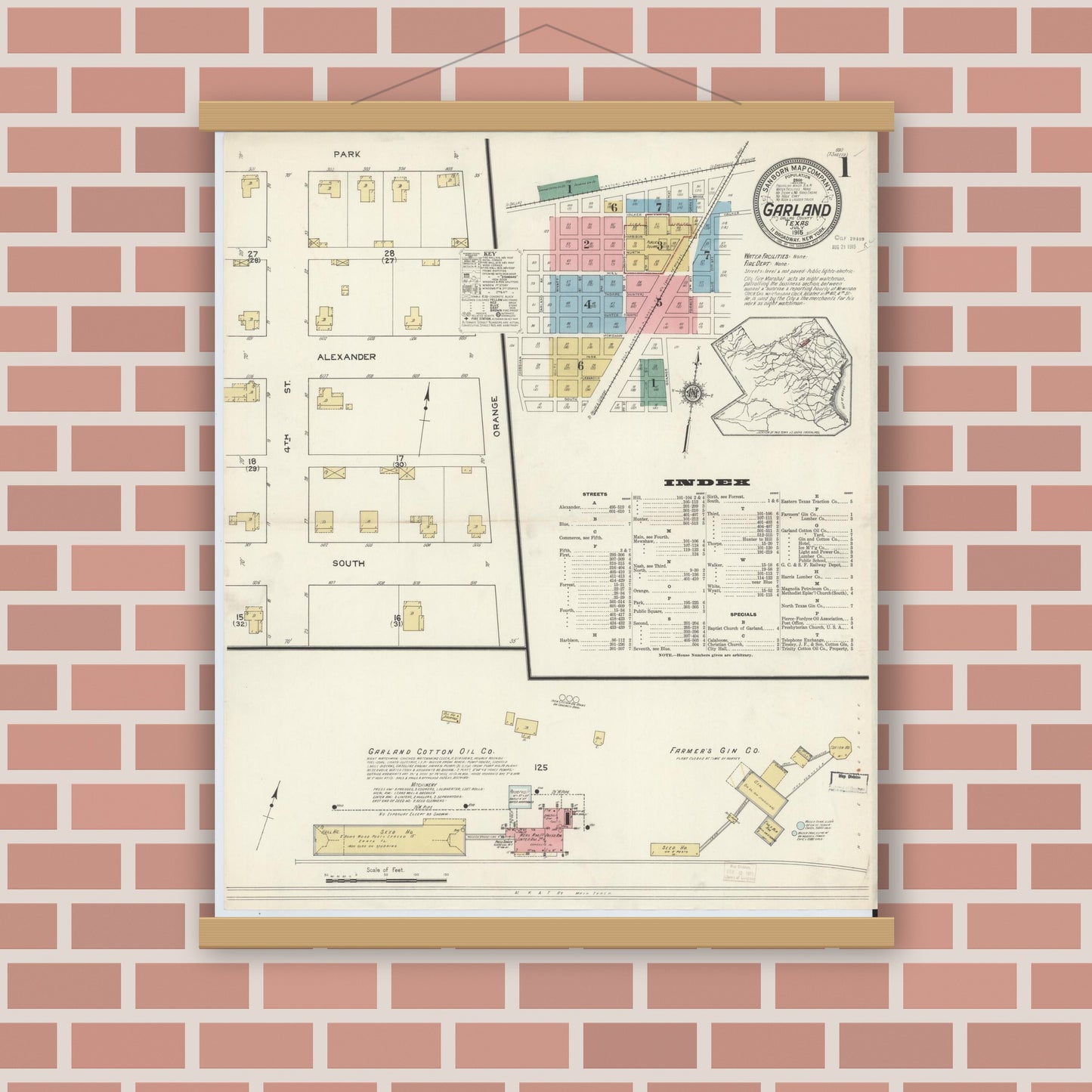 Old map wall art mockup — magnetic wood frame on brick wall — Sanborn Fire Insurance Map from Garland, Dallas County, Texas (1915) - Complete Map Set