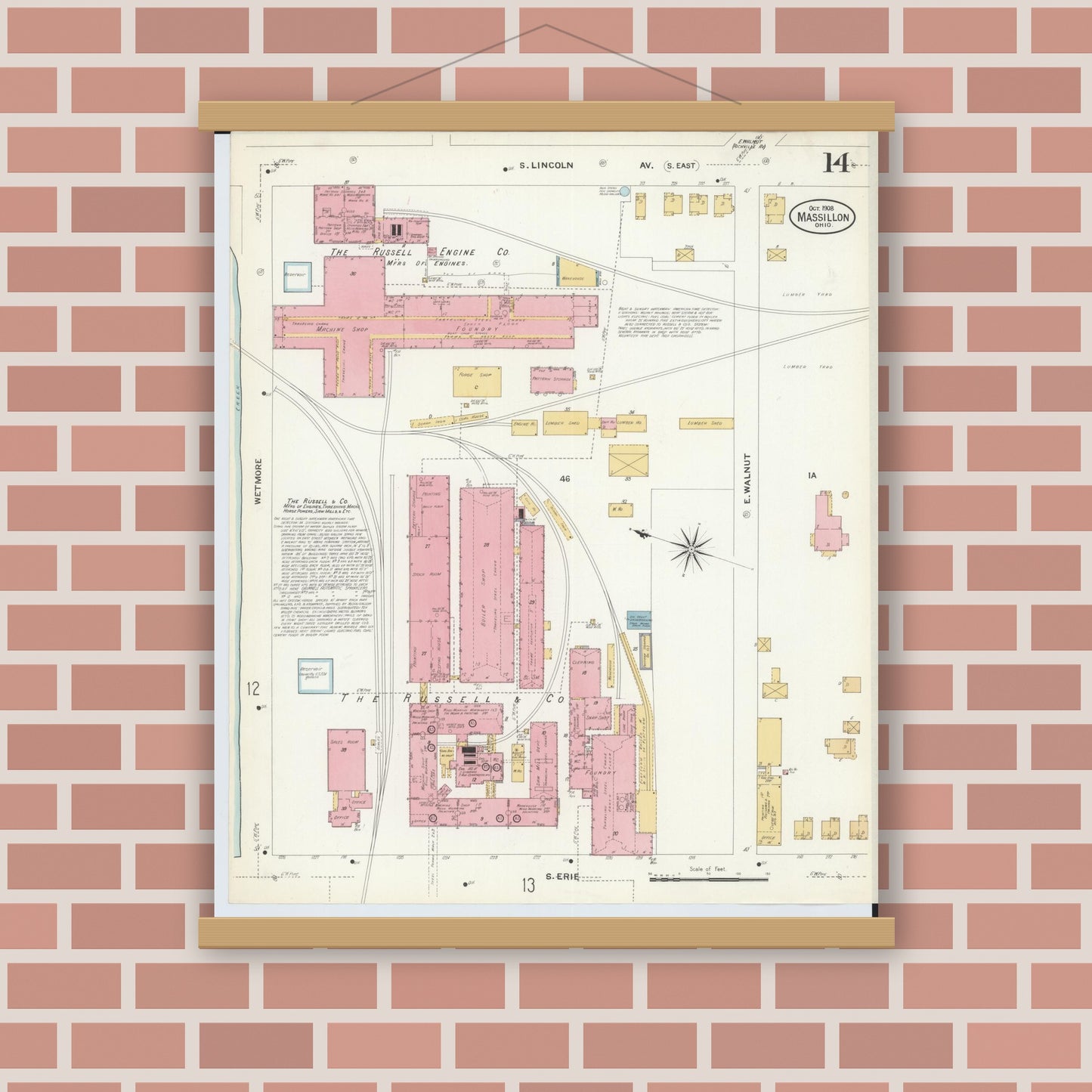 Old map wall art mockup — magnetic wood frame on brick wall — Sanborn Fire Insurance Map from Massillon, Stark County, Ohio (1908), Sheet #0014