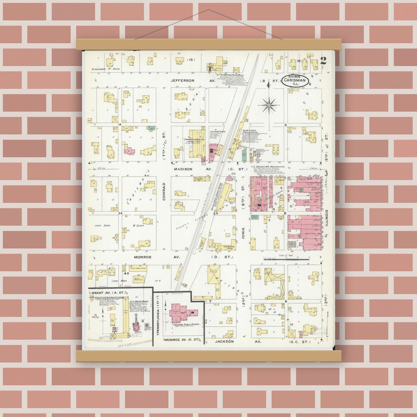 Old map wall art mockup — magnetic wood frame on brick wall — Sanborn Fire Insurance Map from Chrisman, Edgar County, Illinois (1908), Sheet #0002